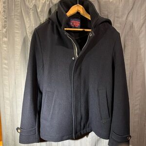 SCOTCH & SODA Single Breasted Hooded Navy Blue Wool Blend Pea Jacket SIZE SMALL